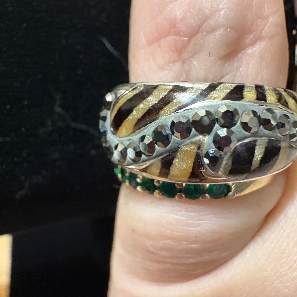 R2 Sterling Silver Tiger Stripe enamel and black crystal ring
